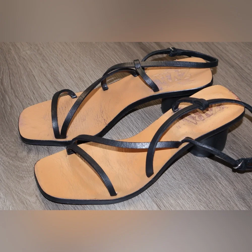 ZARA REAL LEATHER STRAPPY HIGH-HEEL SANDALS BLACK CIRCULAR HEEL 37 - Picture 7 of 9